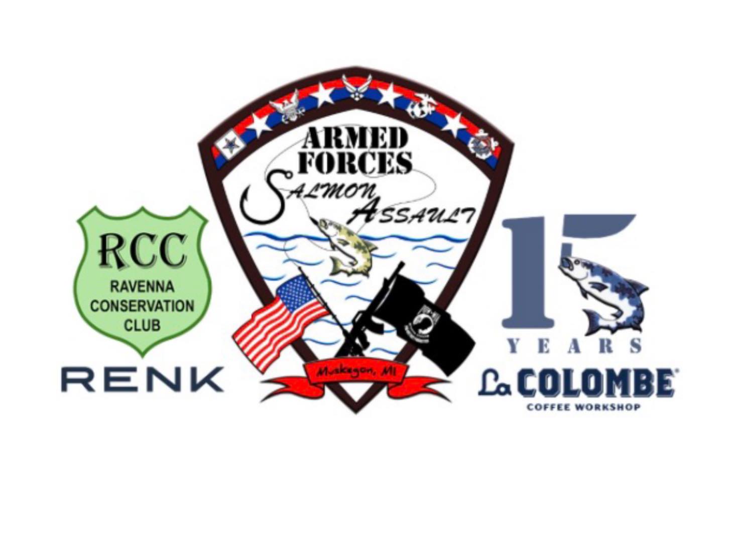 Armed Forces Salmon Assault logo featuring a salmon, military insignia, and partner organization badges including Ravenna Conservation Club, and La Colombe Coffee Workshop's 15-year anniversary mark.